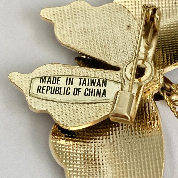 Vintage Cloisonne Butterfly Brooch Pin Flowers Blue Enamel Gold Plated Taiwan - Picture 8 of 12